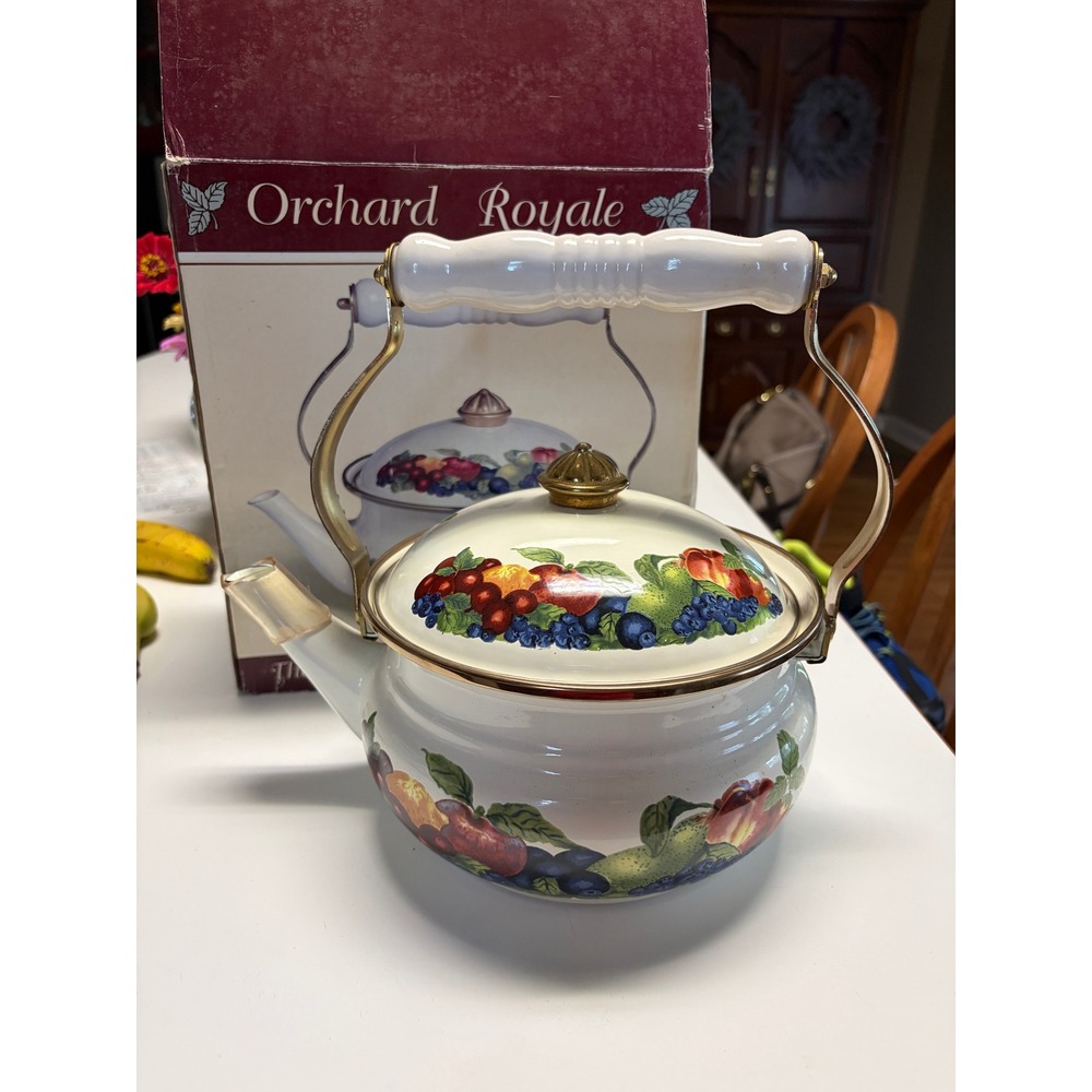 Lincoware Orchard Royale Tea Kettle Vintage Fruit Porcelain Steel 2.2 Qt NIB